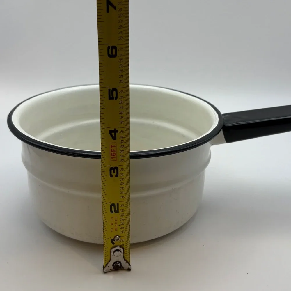 Vintage White Enamelware Saucepan 1 Qt Black Rim Handle 6